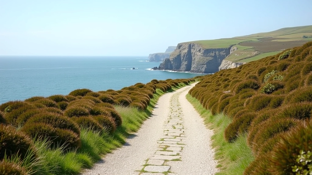 Howth Head coastal path with stone trail bordered by purple heather and yellow gorse bushes, harbor visible in distance, clear day with blue sky