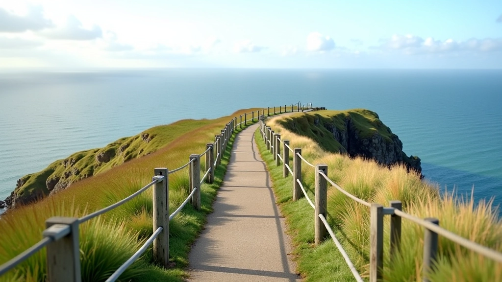 Howth Head coastal path with metal railings, green grass, rocky shoreline below, Irish Sea horizon, clear weather, safe walking trail