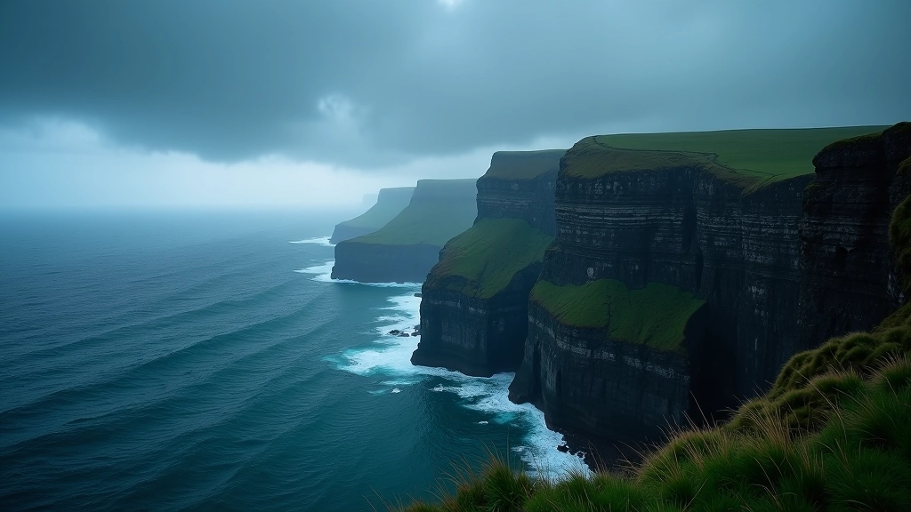 Dark storm clouds gathering over dramatic Irish coastline, demonstrating the rapid weather changes that require cliff walkers to turn back immediately