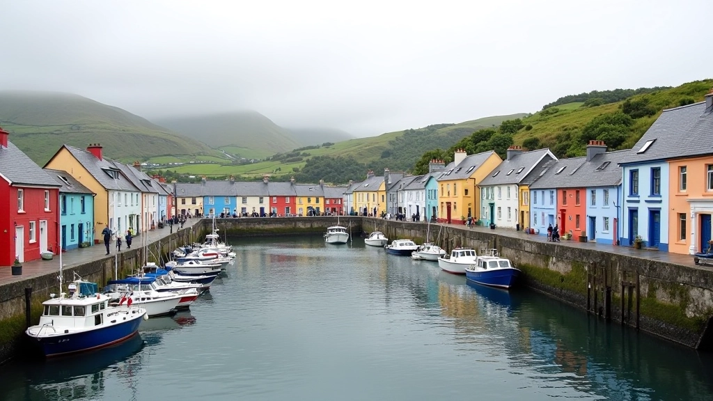 Charming harbor town with colorful buildings reflected in water, boats moored, hillsides beyond