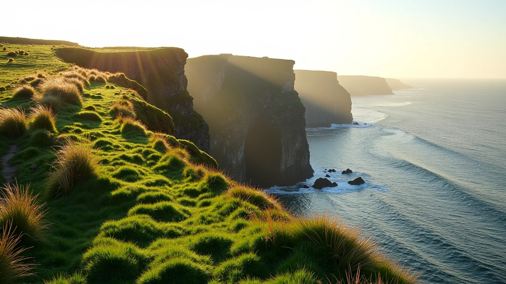 Dramatic Irish coastal cliff path with railing and ocean view