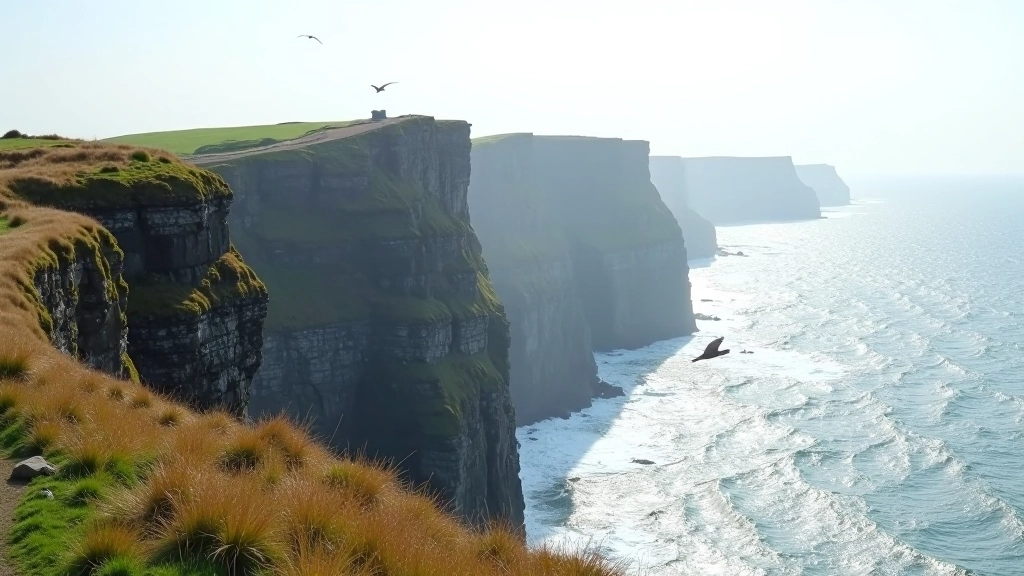 Howth cliffs with seabirds flying near dramatic rock formations, waves crashing below, green grass at cliff top, coastal landscape photography