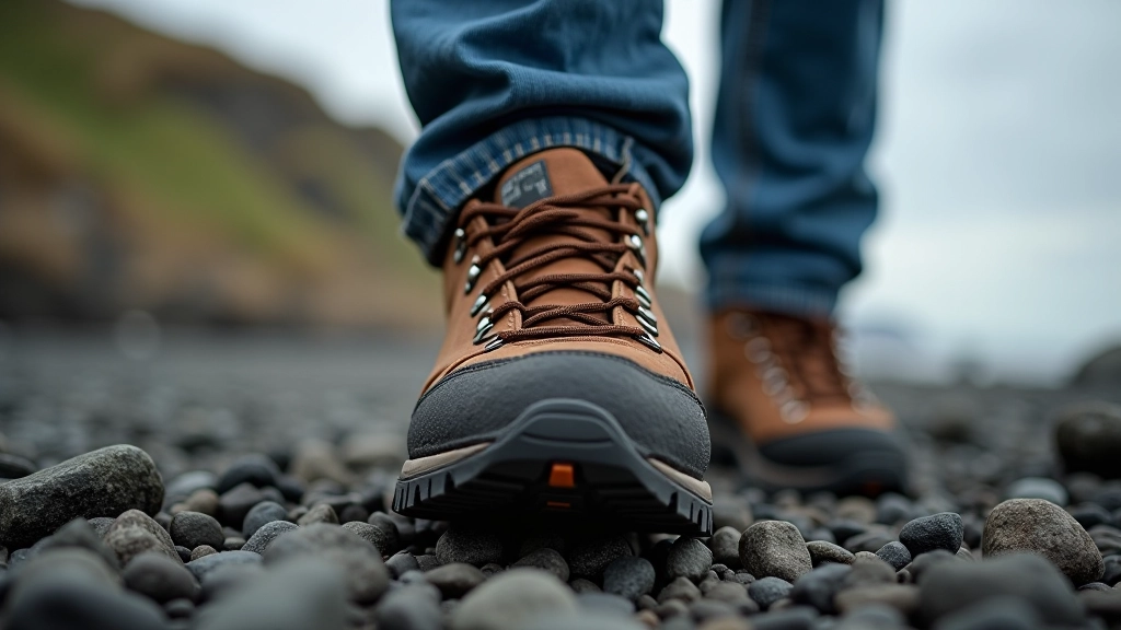 Close-up of proper hiking boot with deep tread sole on rocky coastal terrain, demonstrating quality footwear for cliff walks