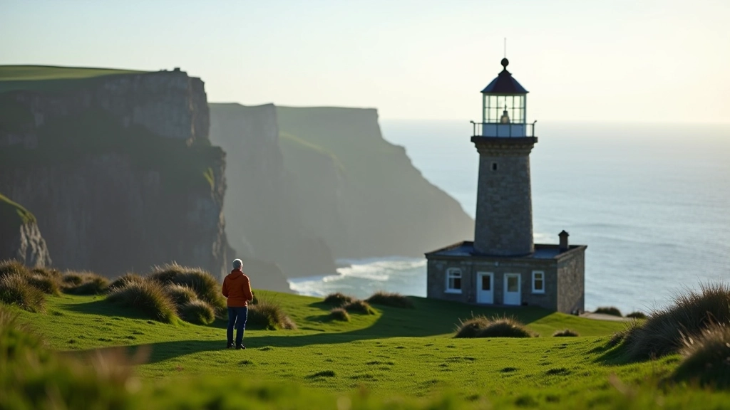 Howth Head Bailey lighthouse on grassy headland overlooking dramatic Irish cliffs and blue Atlantic Ocean, weathered white stone structure, golden afternoon light