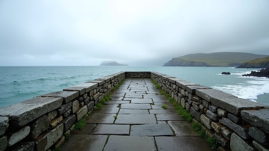 Historic stone pier overlooking ocean toward distant green islands, cloudy sky, coastal landscape