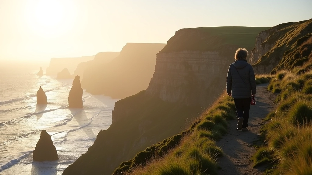 Coastal cliff landscape with multiple visitors spread along pathways, golden afternoon light casting long shadows on grassy areas