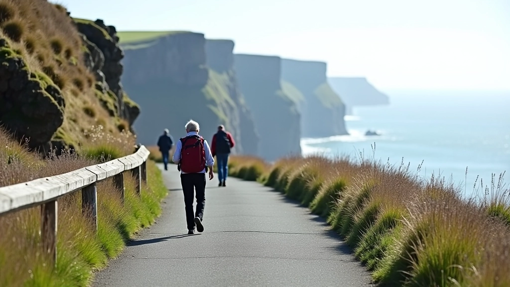 Paved pathway with safety railings along cliff edge, clear directional signage, and visitors of various ages walking comfortably