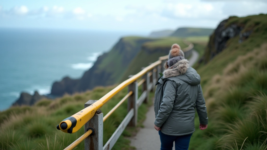 Modern metal safety railings protecting cliff edge pathway, warning signs visible, properly maintained walking surface