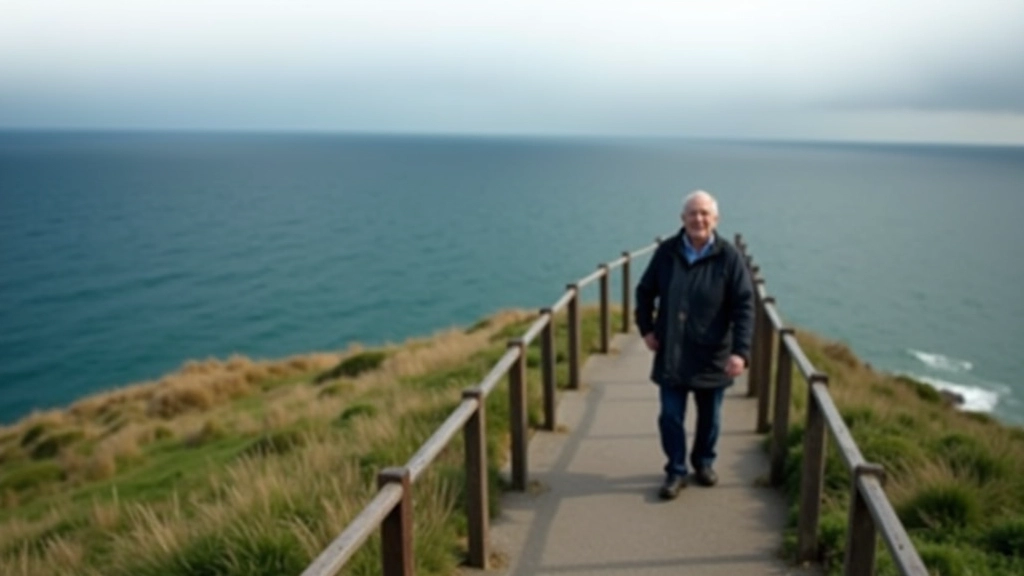 Senior hiker standing safely on coastal path with protective railing, demonstrating proper positioning away from cliff edge