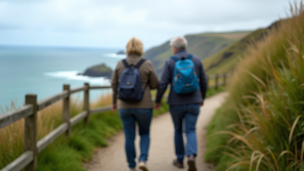 Two senior hikers walking safely on marked coastal trail with clear signage and protective barriers, demonstrating respectful distance between walkers