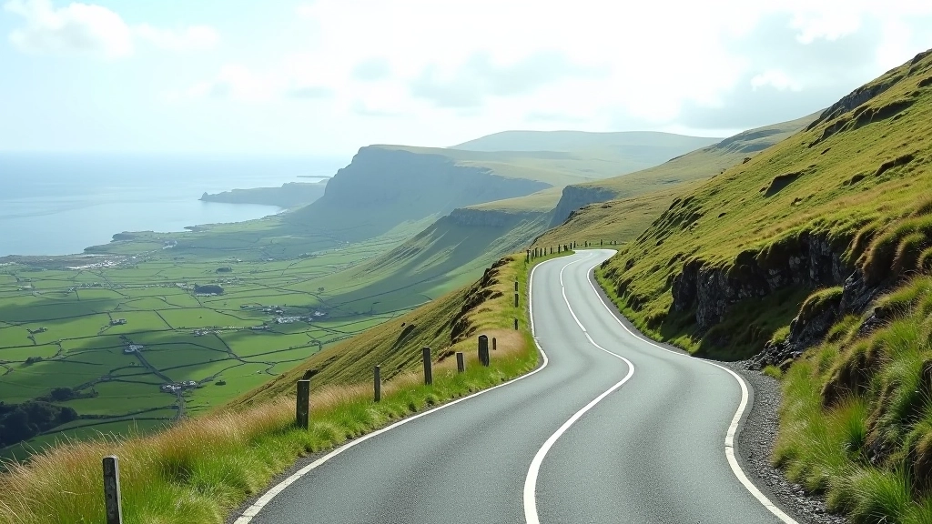Mountain pass road with stone markers, dramatic coastal valleys visible below, green hillsides